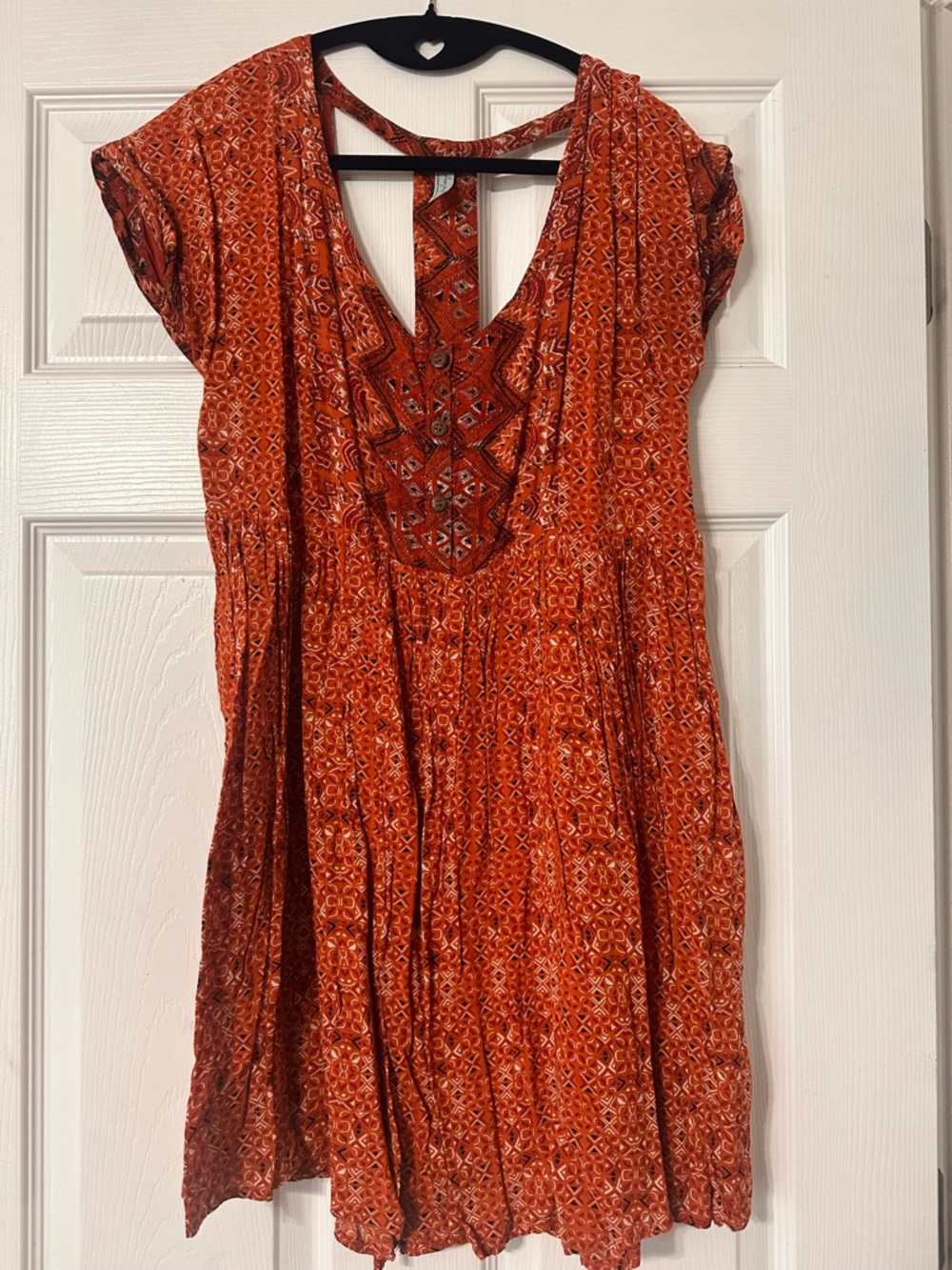 Free People Orange Printed Boho Mini Dress